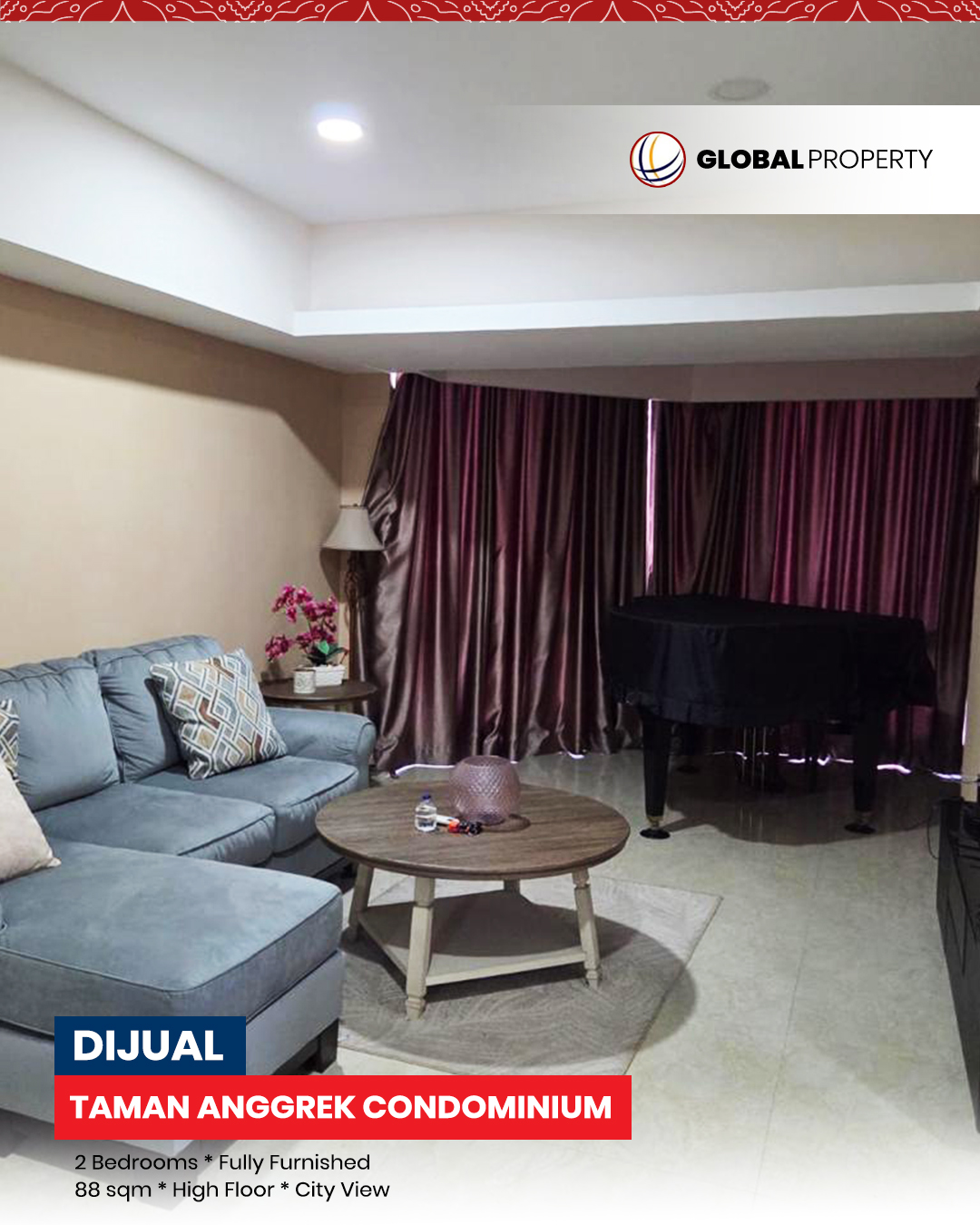 1 TAC JUAL Dijual 1.9 milyar, Fully Furnished 2 Bedroom, High Floor, Taman Anggrek Condominium