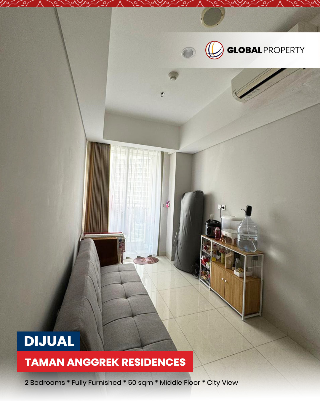 Dijual 1.250mil, Fully Furnished, 2 Bedroom 50m2, Taman Anggrek Residences