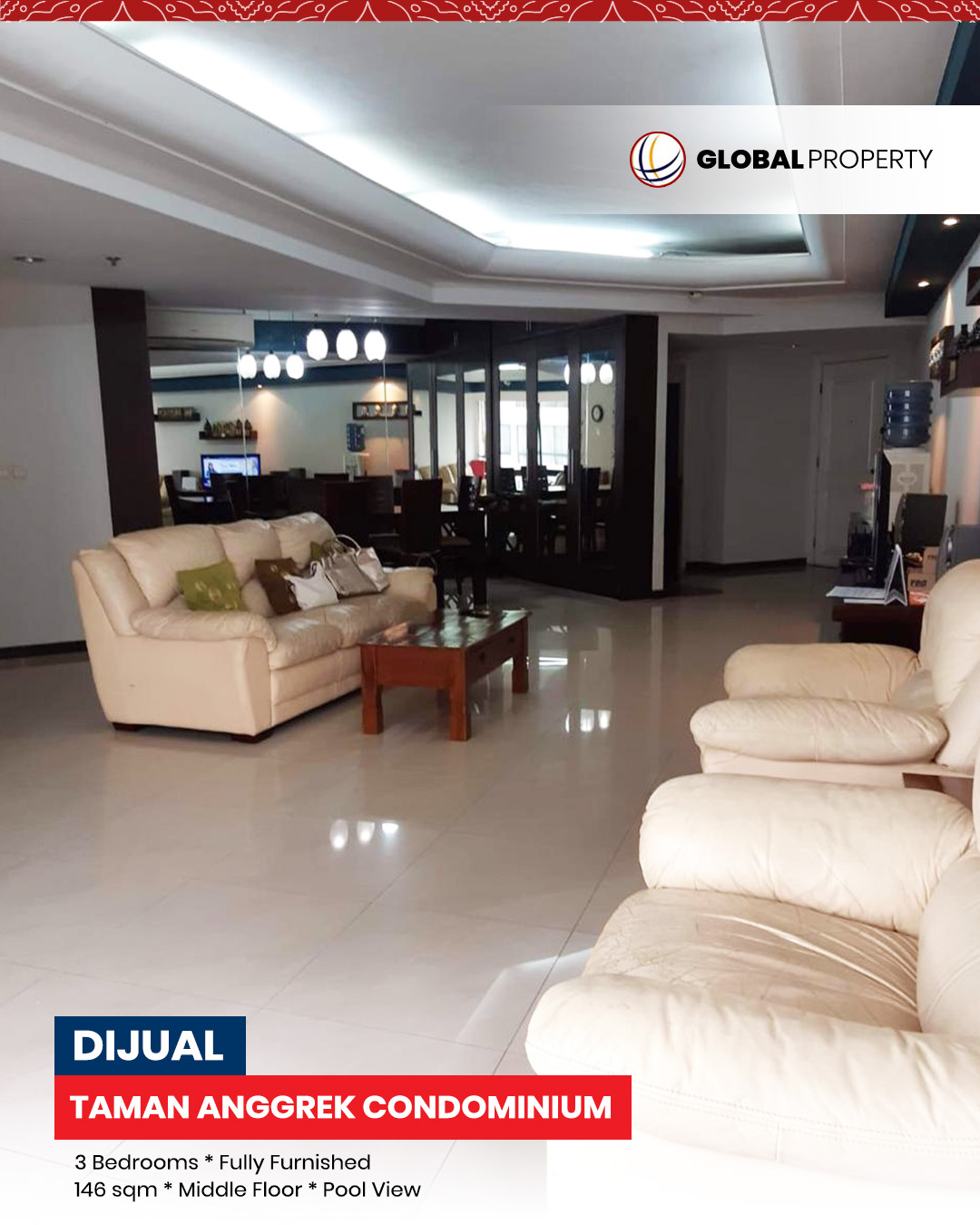 1 TAC JUAL Dijual 2.3M, 3 Bedroom, Taman Anggrek Condominium Fully Furnished, Pool View