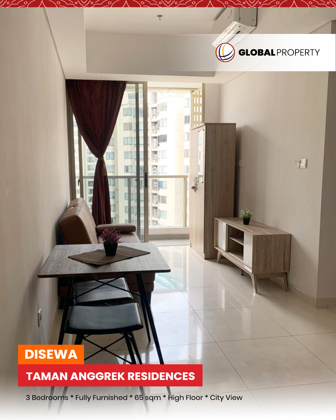 Disewa 105jt pertahun, Fully Furnished 3 Bedroom 65m2, High Floor, Taman Anggrek Residences