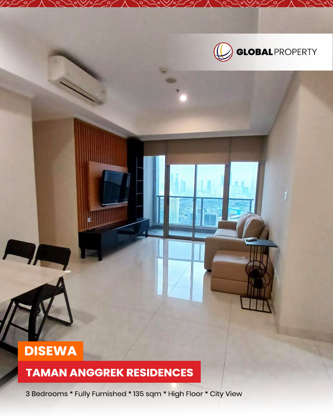 1 Depan TAR sewa Termurah, Disewa 175jt pertahun, Fully Furnished, 3 Bedroom, Taman Anggrek Residences