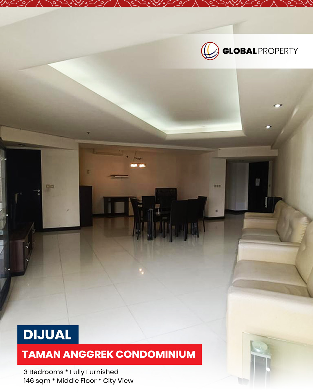 Dijual 2.2M, Fully Furnished 3 Bedrooms, Middle Floor, Taman Anggrek Condominium