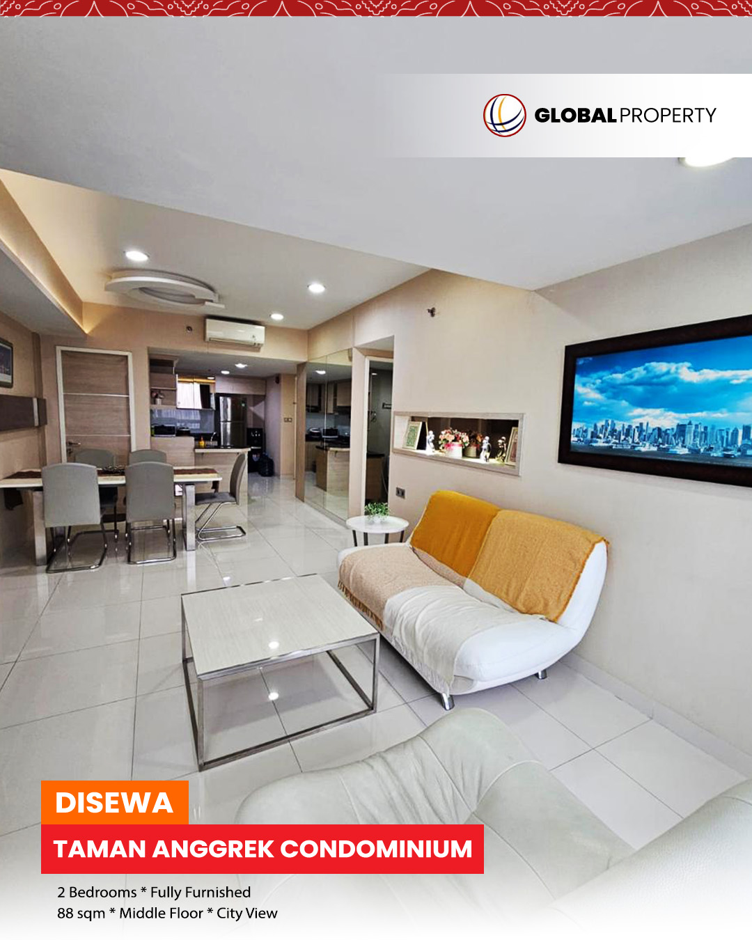 Disewa 150jt pertahun, Taman Anggrek Condominium 2 Bedroom, Fully Furnished, Middle Floor