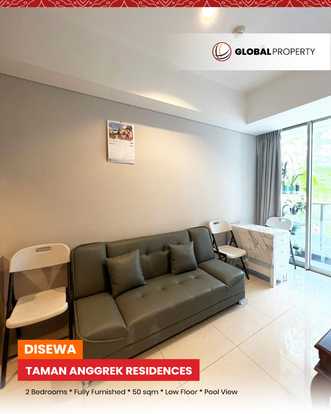 Disewa 80jt pertahun, Taman Anggrek Residences, Fully Furnished 2 Bedroom, Pool View