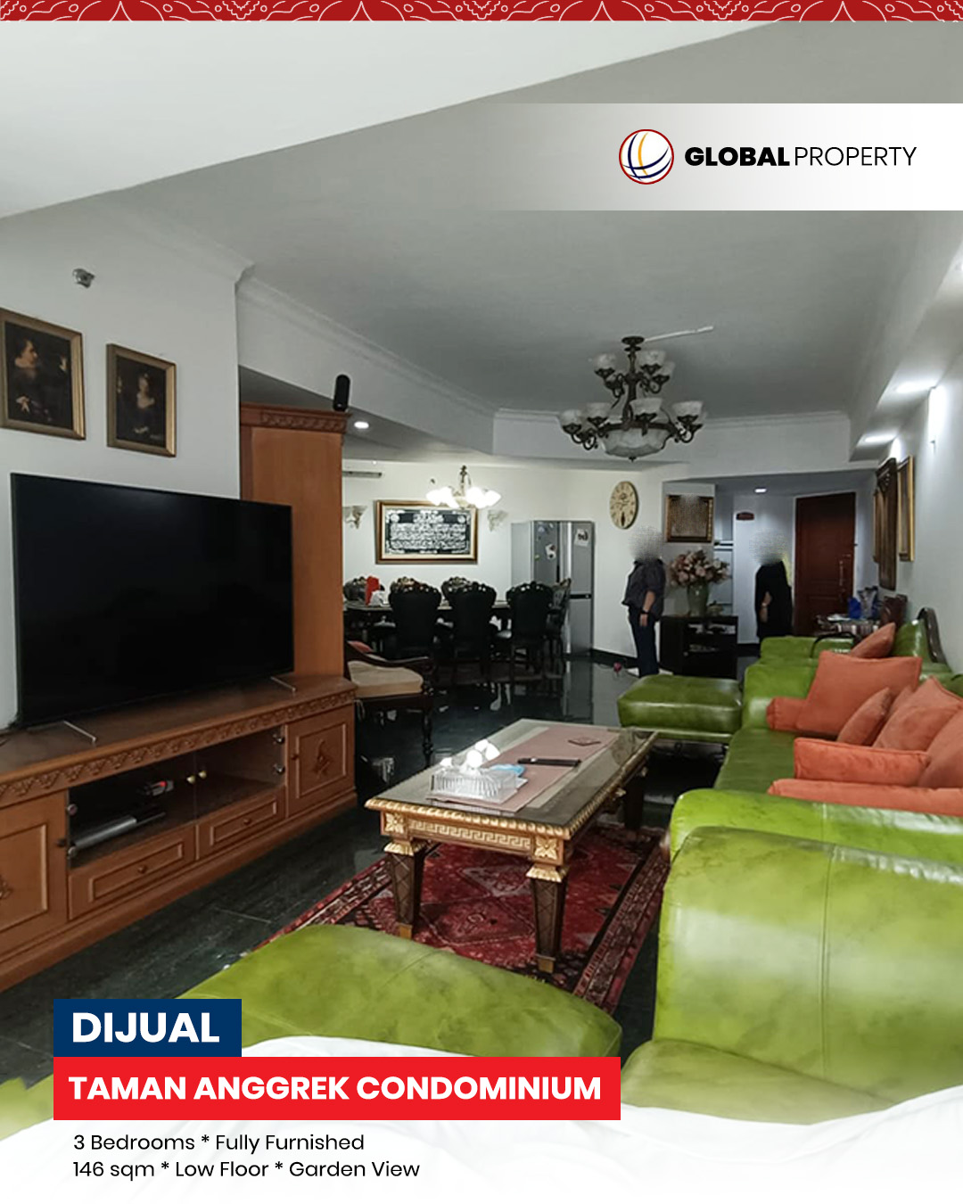 1 TAC JUAL Dijual 2.5M, Fully Furnished, 3 Bedroom, Low Floor, Taman Anggrek Condominium