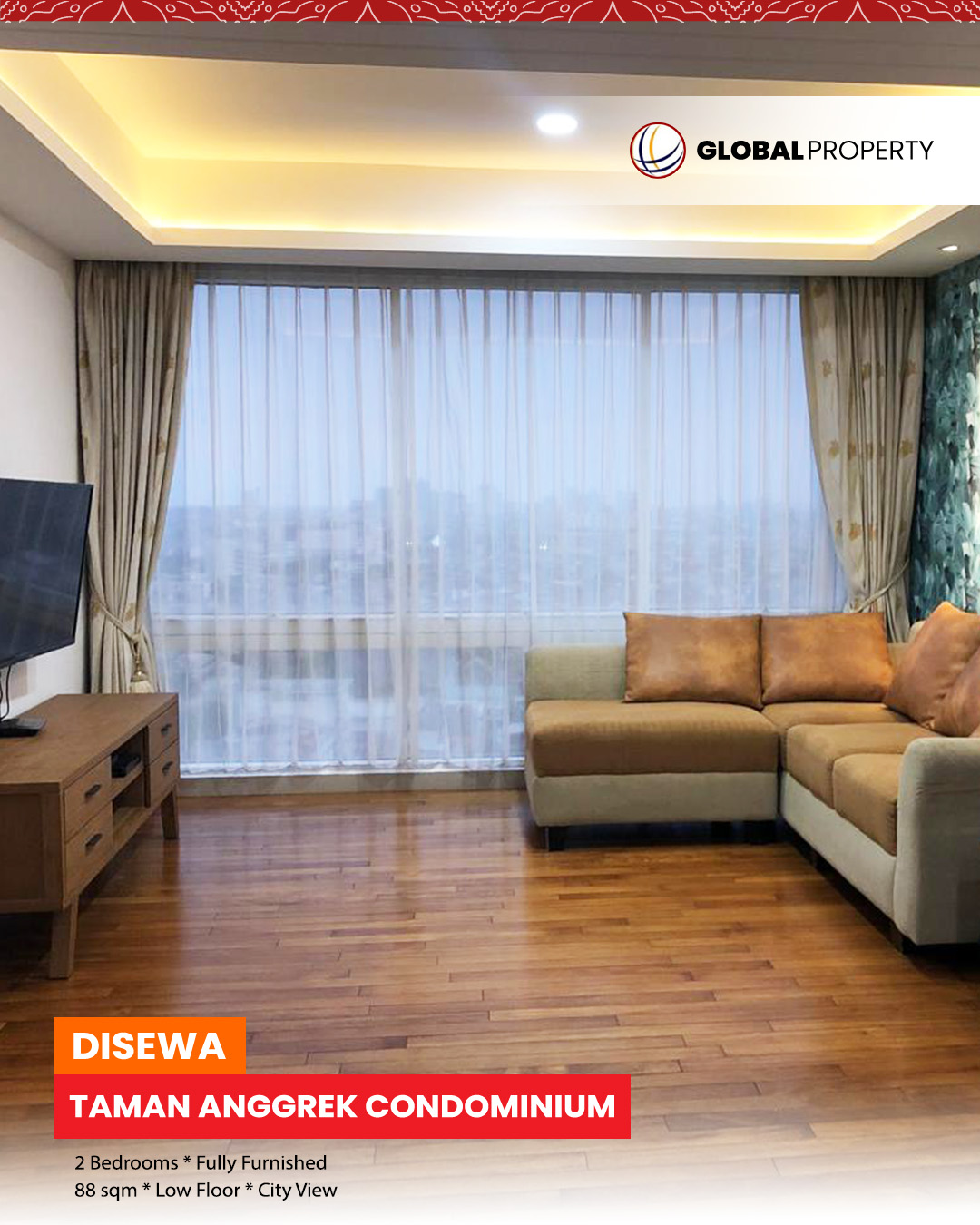 1 TAC SEWA Disewa 185jt, Fully Furnished, 2 Bedroom, Low Floor, Taman Anggrek Condominium, West Jakarta