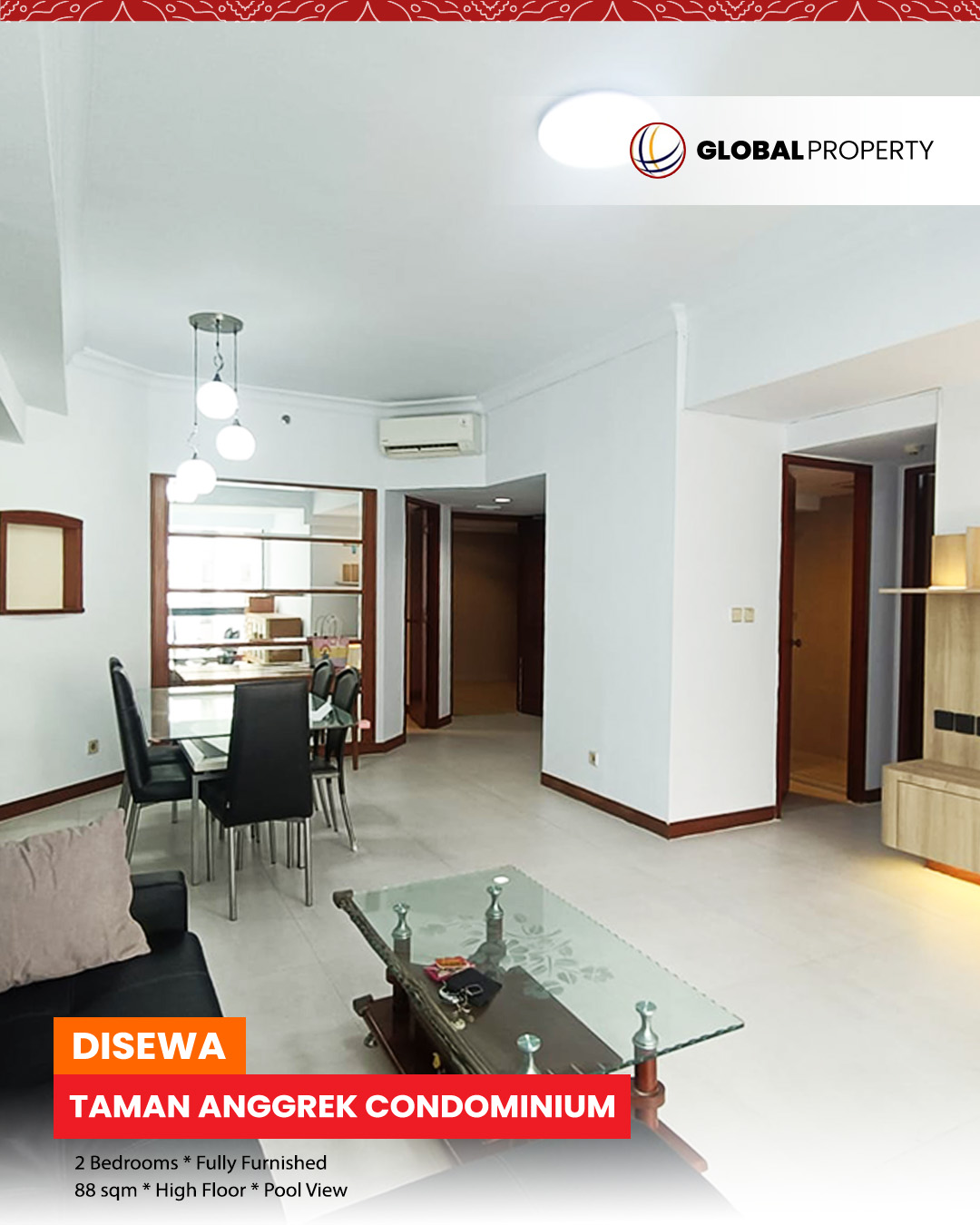 Disewa 90jt, Fully Furnished, 2 Bedroom, High Floor, Taman Anggrek Condominium