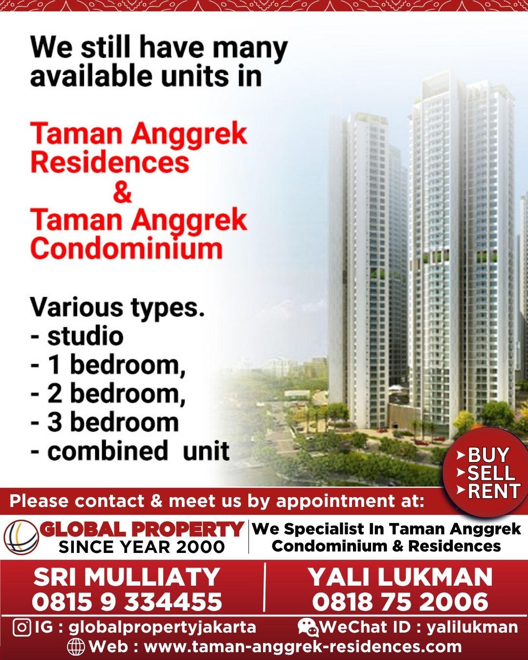 6 Global Property – have many listing Disewa 110jt Fully Furnished, 2 Bedroom 50m2, High Floor, Taman Anggrek Residences