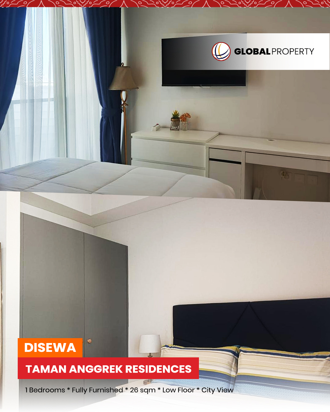 1 Depan TAR sewa Disewa 45jt Taman Anggrek Residences Fully Furnished 1 Bed tipe Studio, City View
